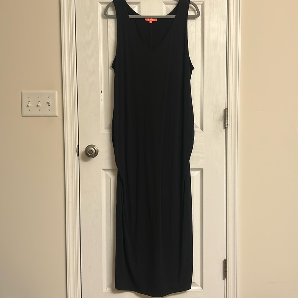 All Worthy Black Cotton-blend Sleeveless Maxi Dress Side Ruching V-neck Size 2X